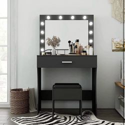 Vanity Desk, Makeup Vanity with Mirror and Lights, Adjustable Brightness and Sturdy Wood Vanity Large Drawer, 31.5in, Black brand new in box $100 A20（