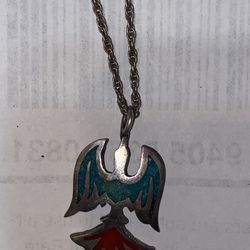 Navajo Crush Turquoise, Inlay, And Coral Thunderbird Pendant 18 In.² Silver necklace