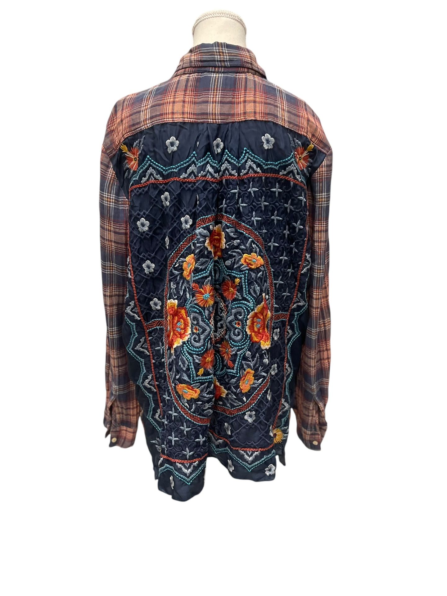 Johnny Was 3J Workshop Womens Button Down Plaid Shirt Size L Floral Embroidered