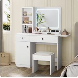 Vanity Desk With Mirror And LED Light Makeup With Stool