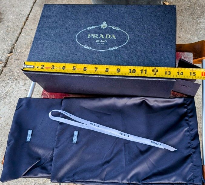 PRADA Milano - (Empty) Blue Gift/Storage Box - 13.5" x 8" x 5" + 2 Silky Prada Milano Matching Dust Bags (13" x 8.5")