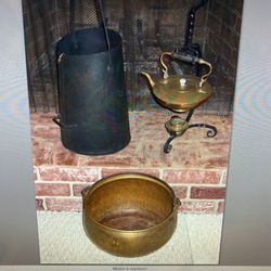 Brass tea kettle with stand, bucket and Coal Bin