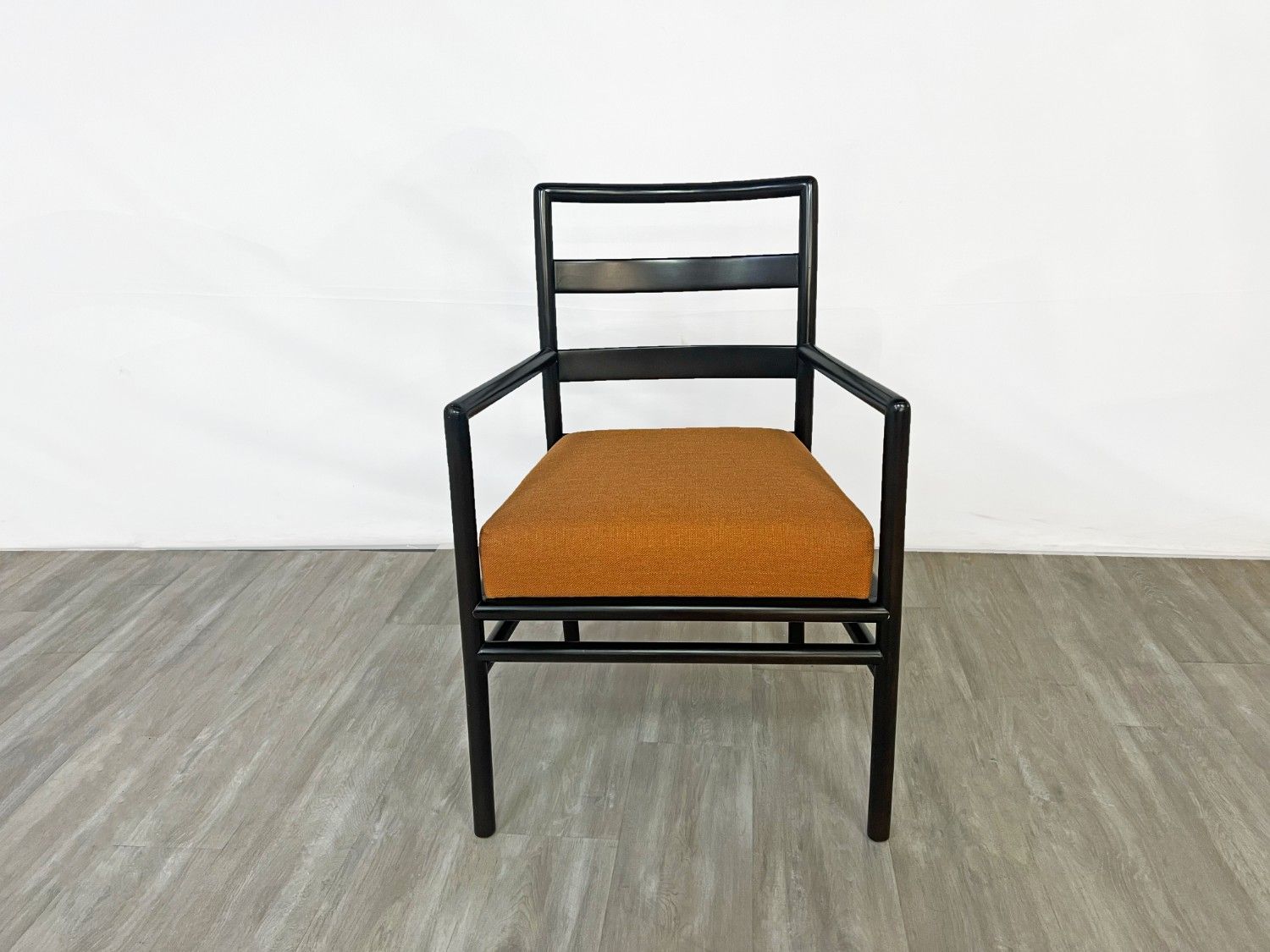 ( Delivery Available ) T.H. Robsjohn-Gibbings for Widdicomb Black Lacquer Dining Chair Set in Orange Upholstery