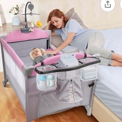 BIERUM Pack 5 in 1 n Play, baby crib, 3-height adjustable baby crib with diaper changer, storage bag and music box, portable bassinet with carrying ba