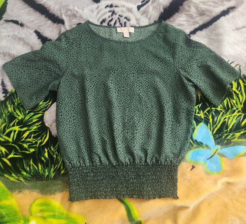 Michael Kors Green Giraffe Print Smocked Blouse Top