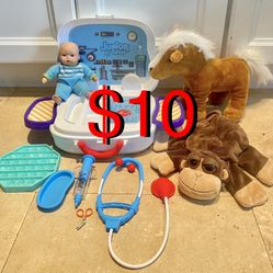$10 Play Pretend Doctor Set / Veterinarian Kit with accessories, Monkey Hand puppet and horse plush