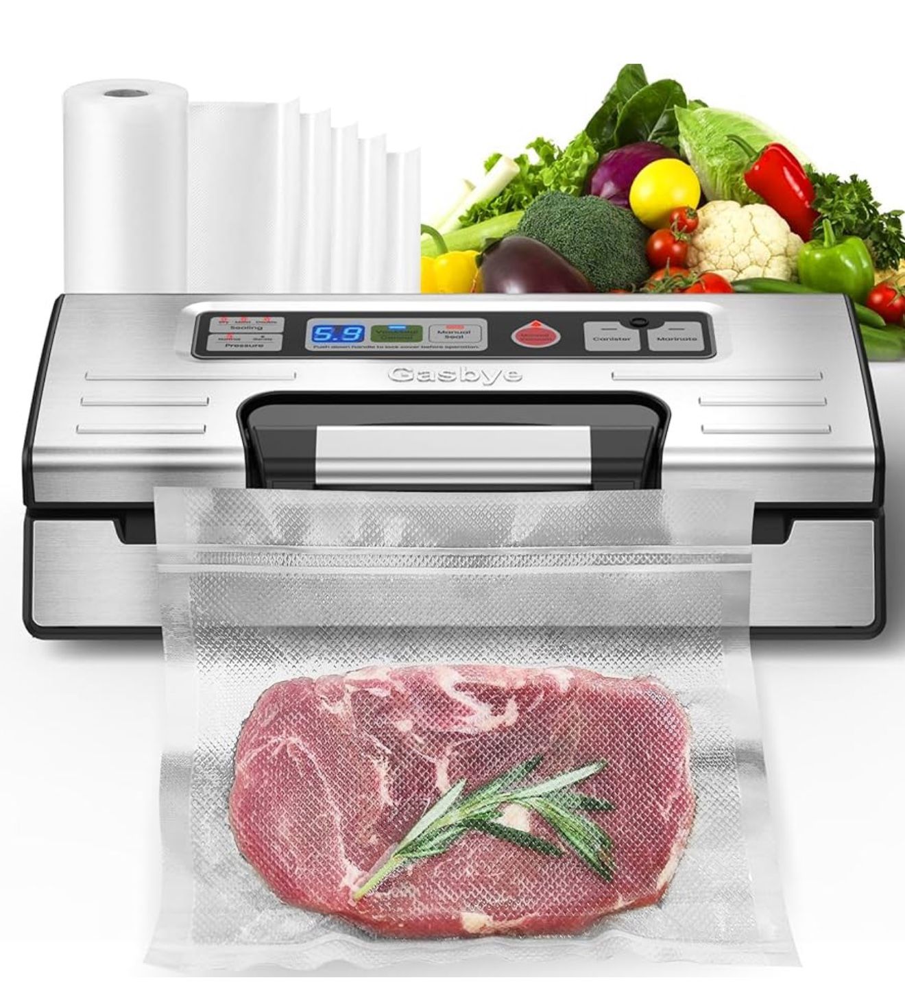 Vacuum Sealer Machine, 95kPa Food Sealer with Double Heat Seal for Dry/Moist Food, Easy-lock Handle, Built-in Bag Storage & Cutter, Progress Display, 