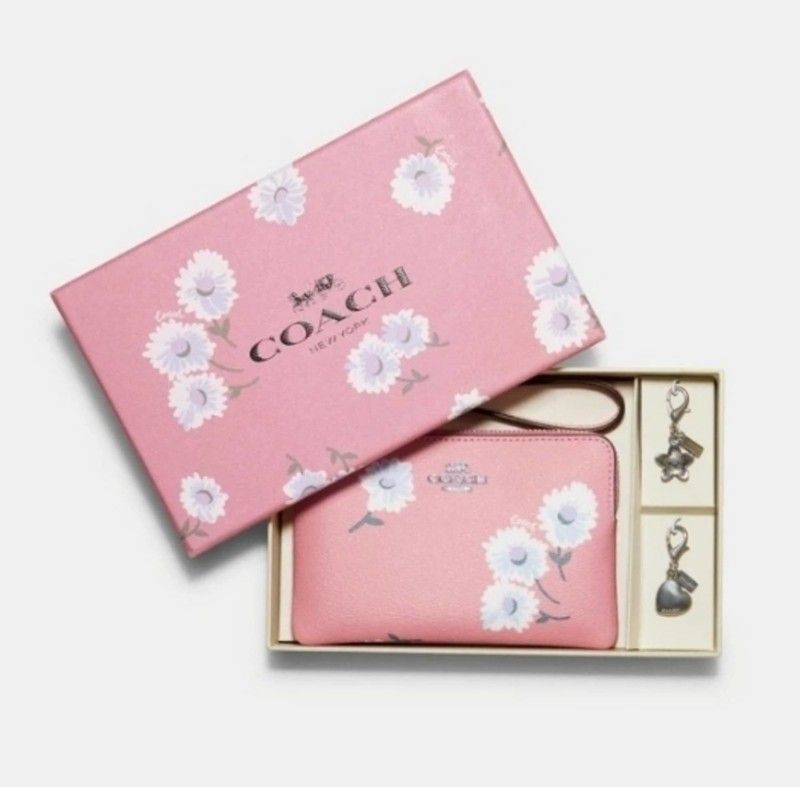 COACH BOXED CORNER ZIP WRISTLET WITH DAISY PRINT
