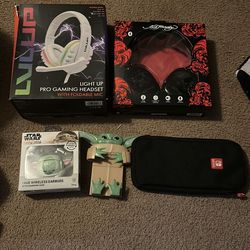 electronics; light up headset, wireless headphones, baby yoda earbuds and phone holder, switch case