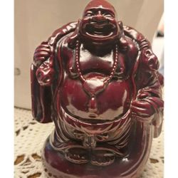 Laughing Buddha Statue Red Resin W/ Snake