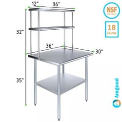 30" X 36" STAINLESS STEEL WORK TABLE WITH 12" WIDE DOUBLE TIER OVERSHELF | METAL KITCHEN PREP TABLE & SHELVING COMBO