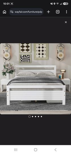 White wooden bed frame with storage and side tables