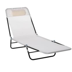 Outsunny Folding Chaise Lounge Chair with Reclining Back, Breathable Mesh Seat and Headrest, Cream White