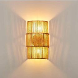 4081: New 2-Lights Rustic Wall Sconces,Hand Woven Hemp Rope Wall Lights Fixtures Bedside Farmhouse Flush Mount Wall Lamp Shade for Bedroom Living Room