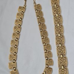Vtg. Signed Crown Trifari Goldtone Greek Key Textured 16" Necklace & Matching 7" Bracelet Rare Find