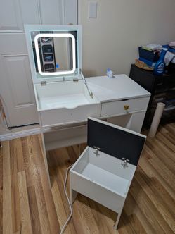 White Vanity Desk with LED Mirror and Storage Stool