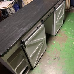Farmhouse Console With Barn Doors And Trash Can 36” Tall 82” Wide