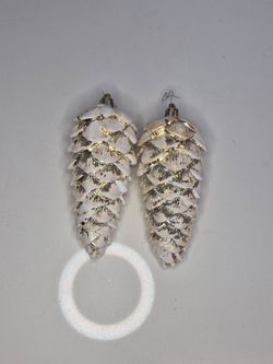 Pair Large White Gold Glitter Pinecone Christmas Ornaments