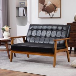 Mid Century Modern Loveseat, 2-Seat PU Leather Upholstered, Comfy Reading Couch, Accent Sofa for Living Room Bedroom, Easy Assembly, Black
