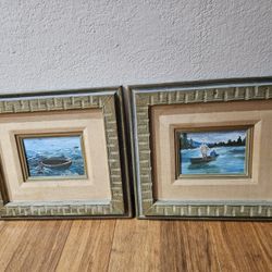 Vintage Framed Original Oil Paintings – Rustic Nautical Lake Scenes – Set of 2