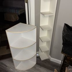 (2) white corner shelving units shelves shelf