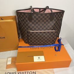 Authentic Louis Vuitton Neverfull MM – Damier Ebene with Rose Ballerine Interior 