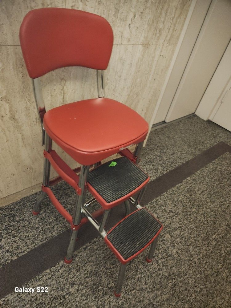 Vintage Red Cosco Chrome Kitchen Step Stool Farm Chair Plant Stand Vinyl WOW