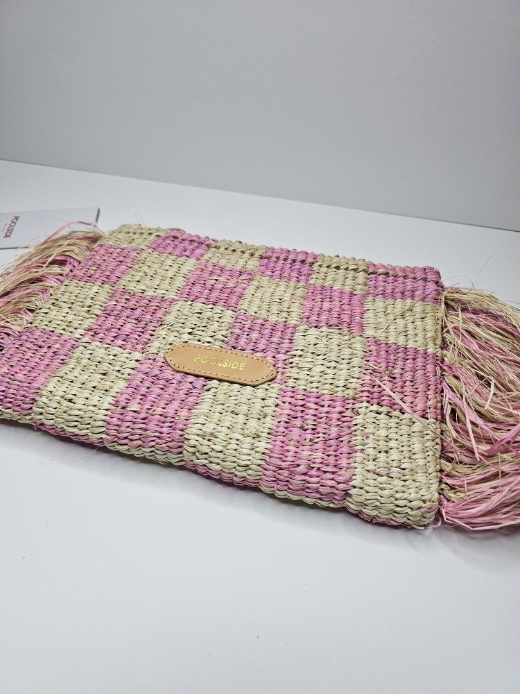 Poolside Clutch Natural/Pink Checkered Fringe Clutch Straw NWT Upcycled Organic
