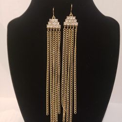 Vintage Long Chain Tassel Goldtone With Rhinestones Earrings 5 3/4" Long F10