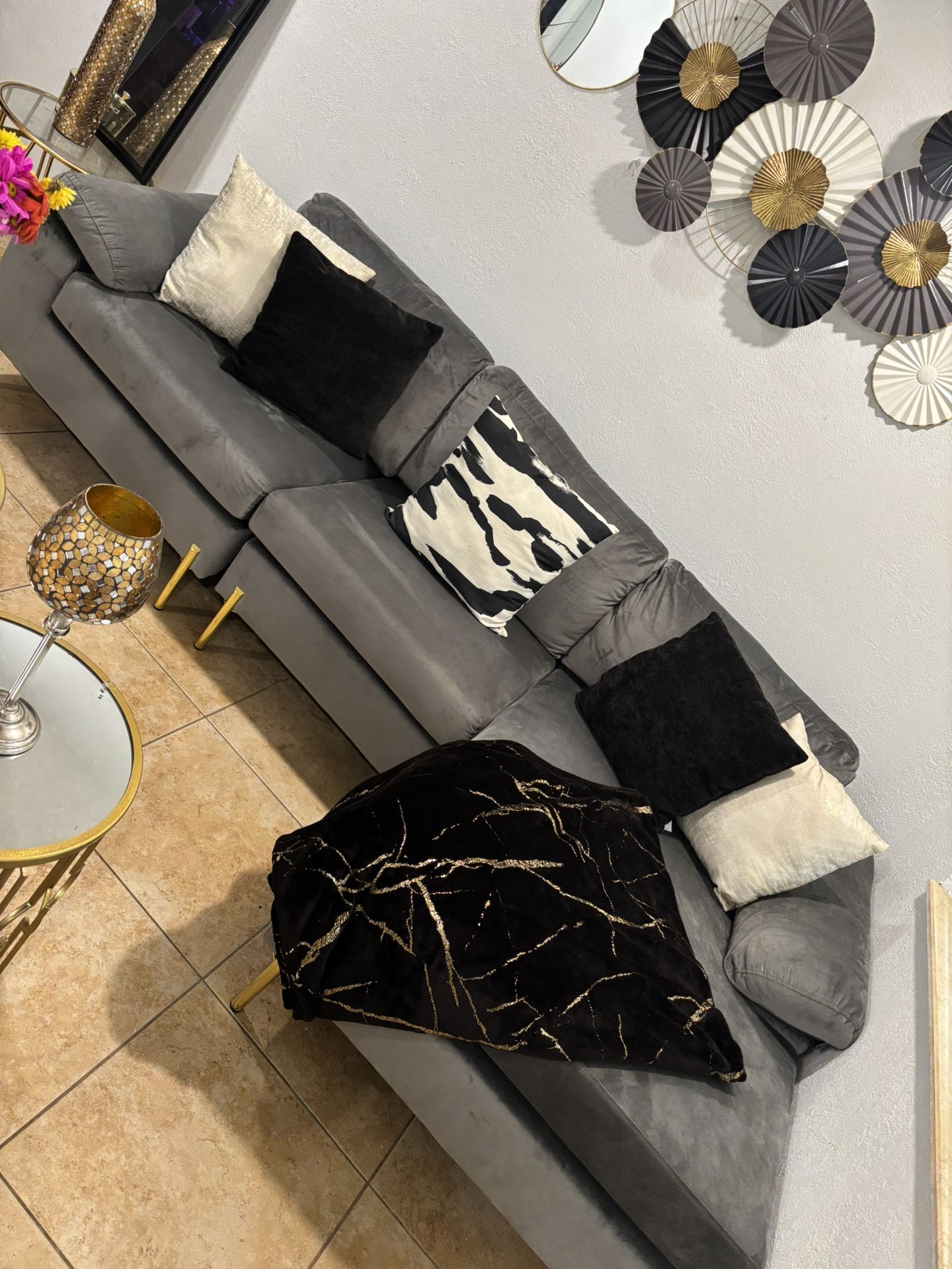 Elegant Gray Velvet Sectional Sofa with Chair And Table
