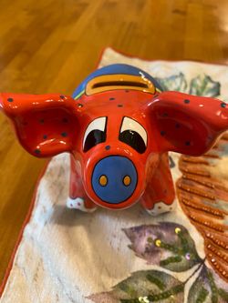 Belgium ceramic Pomme-Pidou pig money bank. Handmade folk art. 5.5 x 6 “. Farmhouse/ cottage.