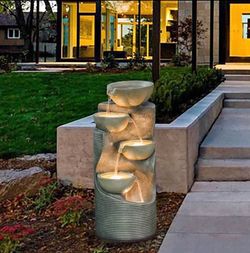 Modern Water Fountain with Lights – Gray Cement Tiered Bowls