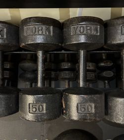 Vintage York Roundhead 50 lb dumbbells 50lbs 50lb dumbbell lbs weights weight round head roundheads Cast Iron USA Stamped