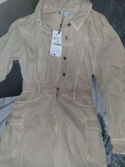 Zara Beige Button-Up Utility Dress Size M