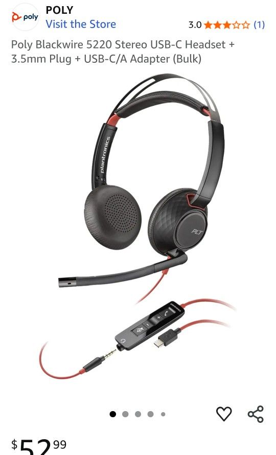 Poly Blackwire 5220 Stereo USB C Headset With Mic