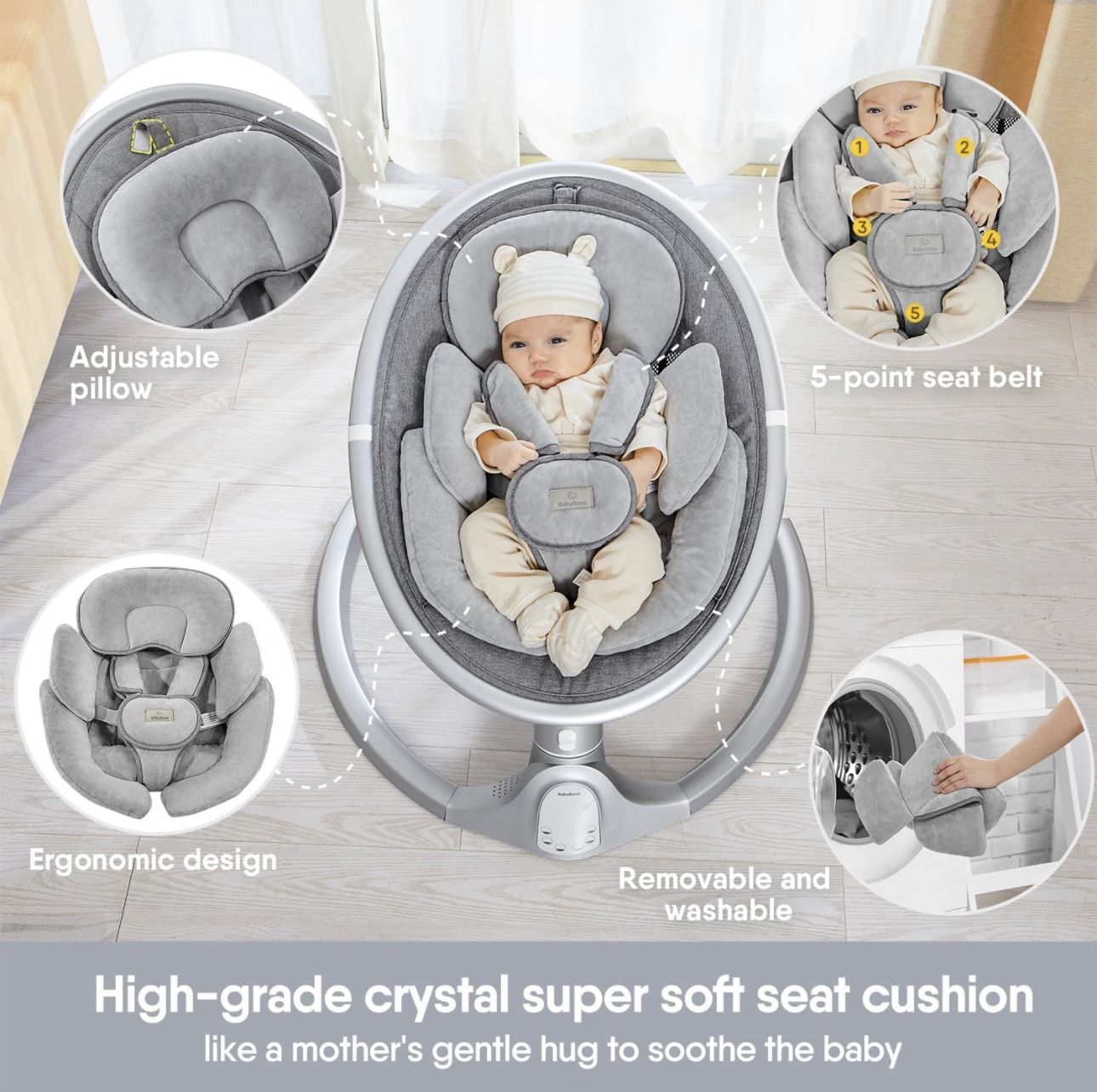 BabyBond Baby Swings for Infants, tooth Infant Swing with Preset Lullabies, 5 Point Harness Belt, Speeds and Remote Control - Portable Indoor Outdoor