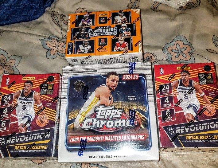NBA & NFL Lot Of 4 Mega & Blaster Boxes1 NBA 2024-25  Topps Chrome Mega Box 1 NFL 2024 Contenders Blaster Box & 2 NBA 2024-25 Revolution Blaster Boxes