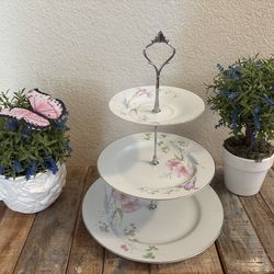 Vtg Pink Vista Floral Cottage Three tier Desserts Cupcake stand