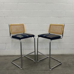 Vintage Mid Century Modern Cane Cesca Cantilever Blue Chairs Counter Stools Barstools Set of 2