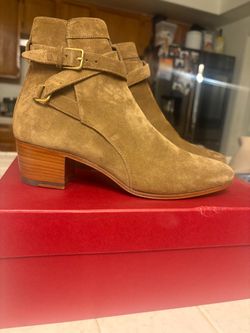 YSL Tan Suede Ankle Boots with Gold Buckle Straps 6.5