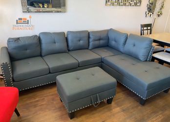 Brand New Grey Linen Sectional Sofa +Storage Ottoman (New In Box)
