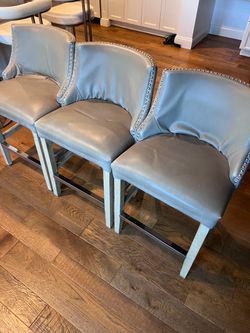 Set of 3 Gray Faux Leather Bar Stools with Nailhead Trim