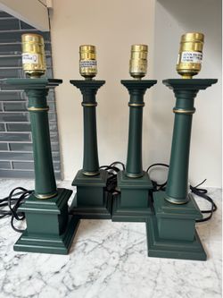 4 Laura Ashley Green Wood Lamp Bases – Made in England – 14.5" Tall - Original Labels - Cottage/Shabby Chic