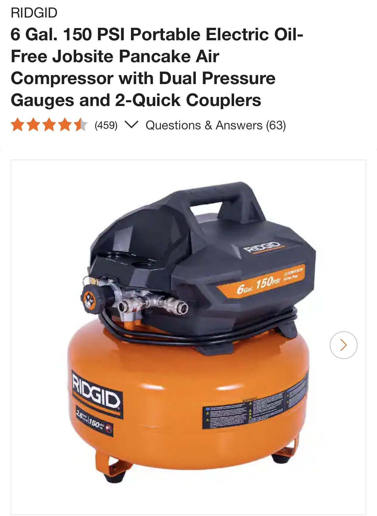 6 Gal. 150 PSI Portable Electric Oil-Free Jobsite Pancake Air Compressor with Dual Pressure Gauges and 2-Quick Couplers