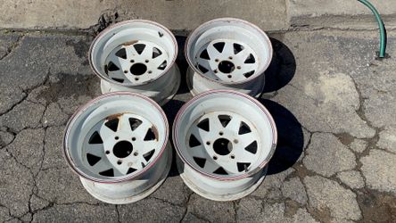 Four White Steel 15x8 Inch Wagon Wheels 5 on 5-inch fits Chevy, GMC trucks and vans