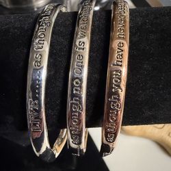 Sterling Silver solid set of 3 bangle bracelets with inspirational sayings