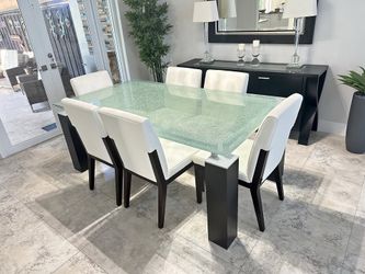 Modern Dining Set with Cracked Glass Table Top  with Eight (8) Brown / espresso Leather dining chairs