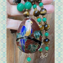 Vintage Hobé Cloisonne & Tiger’s Eye + Green Jade Stones Necklace
