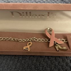 Charm Bracelet W/Breast Cancer Awareness Charm & Pin
