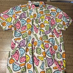 Vintage aLab Button Down Shirt Size L Melting Smiley Face Multicolor Hippy Trippy
